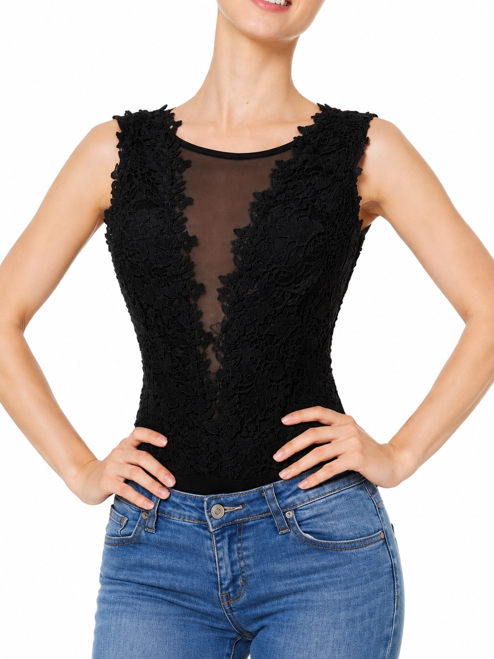 Gracia Black Lace Plunge Sheer Bodysuit